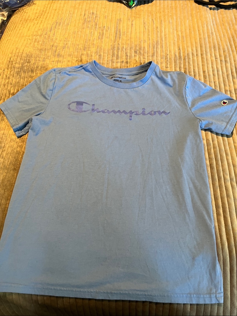 Champion Light Blue Tee with Purple Script Logo